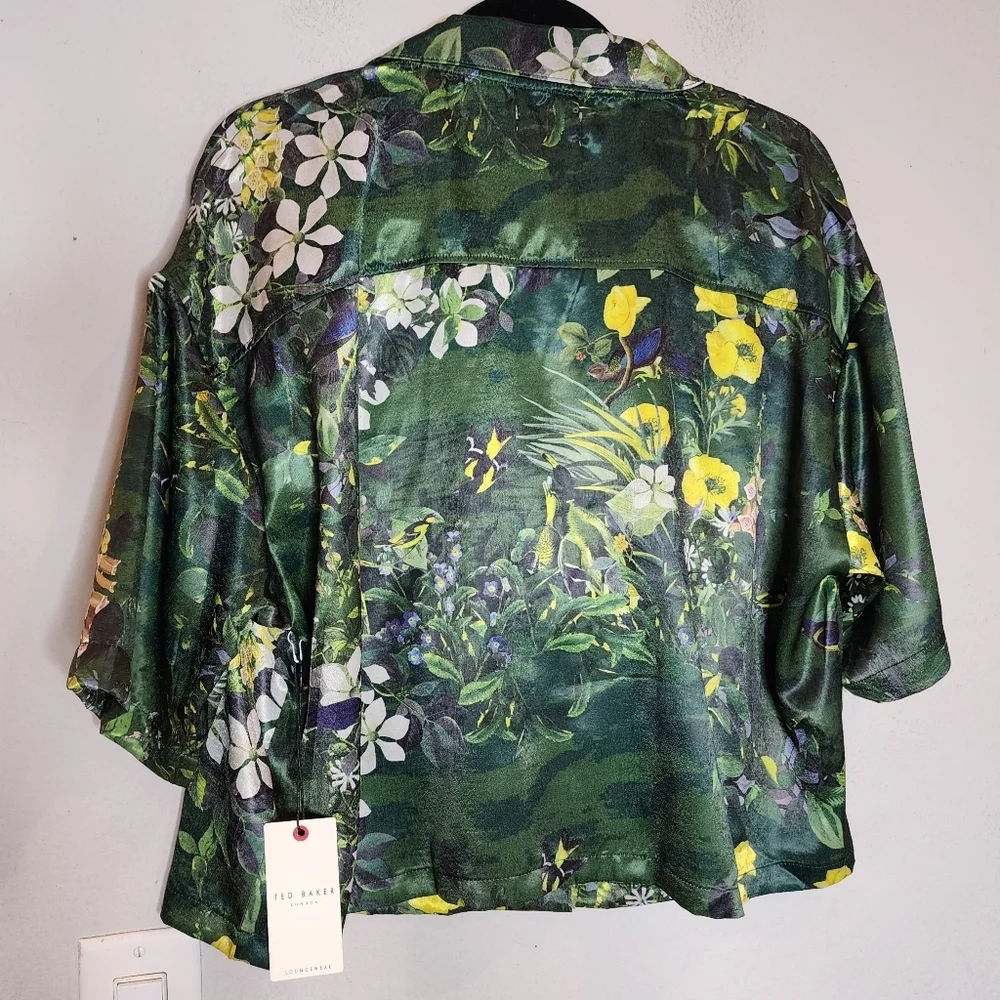 NWT Ted Baker Satin 2 Piece Pajama Set Boxy Green Botanical Birds Size Large